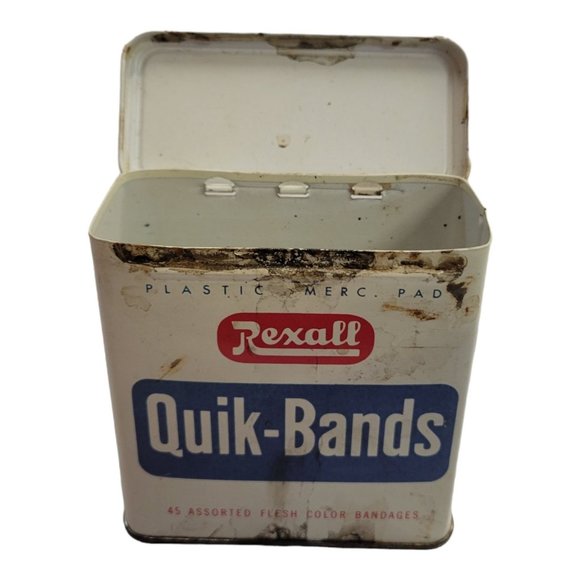 Vintage Rexall Quik Bands Metal Tin Box Pro Cap Bandages Empty Retro First Aid - Picture 3 of 11